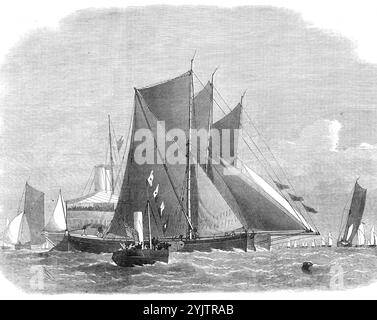 Binnenschifffahrt auf der Themse, 1872. Das jährliche Rennen der Themse, das von Erith den Fluss hinunter und zurück... die Topsegel-Binnenschiffe, die den Albert Edward vor Hole Haven umrundeten... es gab so wenig Wind, hauptsächlich aus dem Norden, dass der Kurs notwendigerweise verkürzt wurde. und anstatt zur Nore zu fahren, mussten die Topsegel den Steamer des Komitees, die Albert Edward, am unteren Hope Point umrunden, während die Spritsegel einen Dampfschlepper umrundeten, der eine Meile höher vertäut war... es gab neun Topsegel-Lastkähne im Rennen und acht Spritsegel-Lastkähne, die von 34 bis 47 Tonnen reichten; die Alexandra, im Besitz von Mr. S. Court, Stockfoto