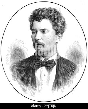 Mr. H. M. Stanley aus New York, der Finder von Dr. Livingstone, 1872. Kupferstich aus einer Fotografie der London Stereoscopic Company. „Mr. Stanley wurde beim Abendessen im Garrick Club unterhalten, wo er seine Reise und den Zustand beschrieb, in dem er den großen englischen Entdecker fand... während der vielen, vielen Tage, die sie zusammen reisten, hörte Mr. Stanley nie ein ungeduldiges Wort von Dr. Livingstone; und erst an der Meeresküste erkannte der Journalist wieder, wie viel mehr Unternehmergeist sein Beruf ausstellte als Dilettante-Reisende, deren Gegenstand zu schießen schien Stockfoto