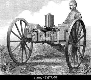 Die Gatling-Kanone, 1872. Letzte Woche wurde in Woolwich eine Reihe von Experimenten mit der englischen Gatling-Kanone durchgeführt, der einzigen Mitrailleuse, die noch in den Dienst eingeführt wurde. Es handelt sich um die 0,45-Zoll-Mitrailleuse Gatling, die in Elswick von Sir William Armstrong and Co. Hergestellt wurde. Diese Waffe wurde endlich für den Einsatz in unserer Armee und Marine zugelassen... das neue Maschinengewehr wurde an den Proof Butts, Plumstead-Marshes und in Shoeburyness getestet. Bei allen Gelegenheiten hat das Feuer hervorragende Ergebnisse erzielt. Die Schnelligkeit war sehr groß, 5&#xbd;-Schüsse pro Sekunde wurden erzielt. Es ist ha Stockfoto