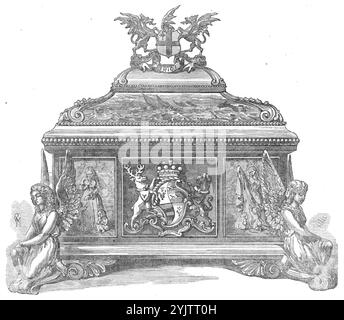 Anschriftenschatulle der Stadt London, 1872 an Baroness Burdett-Coutts. Eine schöne Goldschatulle... um die Anerkennung dieser geschätzten Dame in die Freiheit der Stadt London zu bezeichnen... enthielt eine Kopie der Resolution, die vom Court of Common Council auf Empfehlung des Marktkomitees verabschiedet wurde... [in der] Ladyschaft für ihr edles Geschenk des Columbia Market an die Armen des East-End... die Schatulle (hergestellt von Messrs. Hunt und Roskell)...[stellt] verschiedene Arten ihrer Wohltätigkeit dar, die so bekannt ist Stockfoto