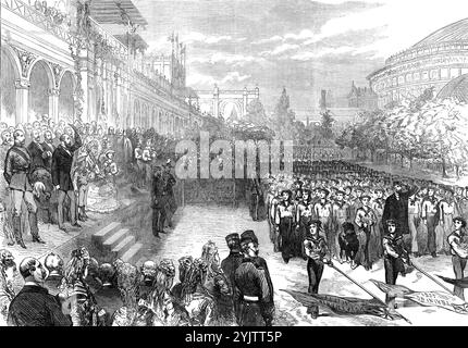 Review of Drilled Schools by the Prince and Princess of Wales, Horticultural Society's Gardens, [London], 1872. "Die dritte jährliche Inspektion und Überprüfung der Jungen, die in den großen Schulen der Metropolitan Poor Law Unions, in den Lehrschiffen der Themse, in den Londoner Industriehäusern und -Schutzhütten und in der Royal Naval School in Greenwich zum Militärtraining ausgebildet wurden, fand am Donnerstagwoche statt. Es wurde mit der Anwesenheit ihrer Königlichen Hoheiten des Prinzen und der Prinzessin von Wales geehrt... die märzvergangenheit der Schulen begann... die Jungen zählten etwa 4000, von sechs bis vierzehn Jahren, bel Stockfoto