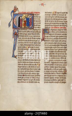 Initial E: Drei Männer und ein Junge treffen einen anderen Mann in seiner Tür; Vidal Bürgermeister, ca. 1290–1310. 1247, als die Rückeroberung Spaniens von den muslimischen Streitkräften praktisch abgeschlossen war, beschloss König Jakob I. von Aragon und Katalonien, Spanien, einen neuen systematischen Gesetzbuch für sein Königreich einzuführen. Er übertrug die Aufgabe Vidal de Canellas, Bischof von Huesca. Das Manuskript, die einzige bekannte Kopie des Gesetzestextes, ist eine Übersetzung des lateinischen Textes von Vidal de Canellas in die Sprache Navarro-Aragonesisch (in dieser Sprache wird das Buch Vidal Mayor genannt) Stockfoto
