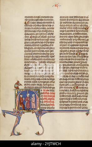 Initial M: Zwei Männer vor einem Richter; Vidal Bürgermeister, ca. 1290–1310. 1247, als die Rückeroberung Spaniens von den muslimischen Streitkräften praktisch abgeschlossen war, beschloss König Jakob I. von Aragon und Katalonien, Spanien, einen neuen systematischen Gesetzbuch für sein Königreich einzuführen. Er übertrug die Aufgabe Vidal de Canellas, Bischof von Huesca. Das Manuskript, die einzige bekannte Kopie des Gesetzestextes, ist eine Übersetzung des lateinischen Textes von Vidal de Canellas in die Sprache Navarro-Aragonesisch (in dieser Sprache wird das Buch Vidal Mayor in Bezug auf den Autor genannt). Das Manuskript Stockfoto