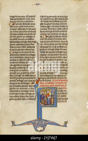 Initial S: Drei Männer kniend vor einem Richter; Vidal Bürgermeister, um 1290–1310. 1247, als die Rückeroberung Spaniens von den muslimischen Streitkräften praktisch abgeschlossen war, beschloss König Jakob I. von Aragon und Katalonien, Spanien, einen neuen systematischen Gesetzbuch für sein Königreich einzuführen. Er übertrug die Aufgabe Vidal de Canellas, Bischof von Huesca. Das Manuskript, die einzige bekannte Kopie des Gesetzestextes, ist eine Übersetzung des lateinischen Textes von Vidal de Canellas in die Sprache Navarro-Aragonesisch (in dieser Sprache wird das Buch Vidal Mayor in Bezug auf den Autor genannt). Th Stockfoto