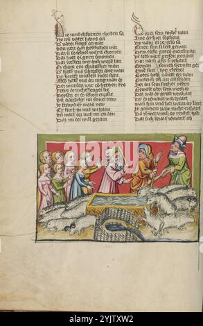 Moses vertreibt die Hirten am Brunnen in Midian; Weltchronik, um 1400–1410. Stockfoto