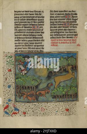 Ein Jäger und Hunde verfolgen einen Hirsch; Livre de la Chasse, ca. 1430–1440. Stockfoto