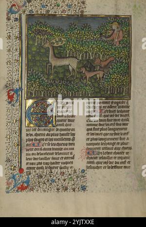 Ein Jäger und Hunde verfolgen einen Brachhirsch; Livre de la Chasse; Eine Hirschjagd, ca. 1430–1440. Stockfoto