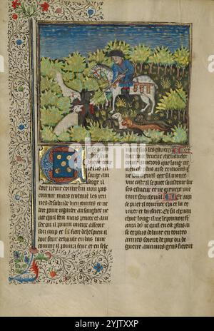 Ein Jäger und Hunde töten ein Wildschwein; Livre de la Chasse, ca. 1430–1440. Stockfoto