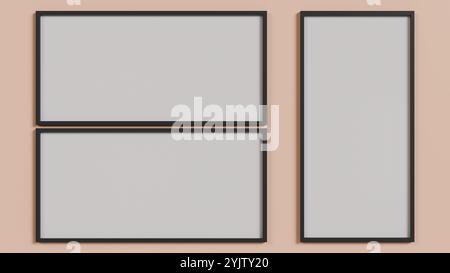 Zwei leere Rahmen an einer beigefarbenen Wand. Minimalistisches und modernes Design, perfekt für Projekte im Innenbereich und als Inspiration für die Dekoration. Stockfoto