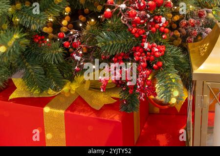 Rote Beeren schmücken den Weihnachtsbaum. Geschenke in roter Verpackung mit goldenem Band. Stockfoto