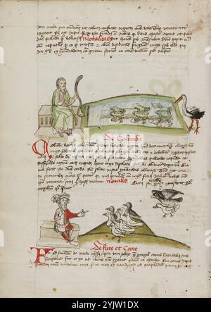 Ein Mann mit einer Schlange in der Hand: Ein König, der zu einer Herde Tauben spricht; Fabeln: Exemplum de Tribus Latronibus: Defensio Curatorum Adversus Fratres Mendicantes, 1357: De Balsamo (Kap. 7 von de Mirabilibus): Predigten über das Lukasevangelium: De septem sacramentis: And Other, 3. Viertel des 15. Jahrhunderts. Stockfoto