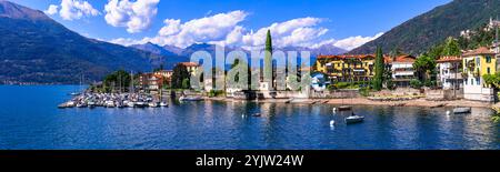 Italien, Lombardia. Stynning idyllische Seenlandschaft, fantastischer Lago di Como. Panoramablick auf die wunderschöne Stadt Bellano. Stockfoto