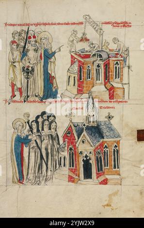 St. Hedwig und das neue Kloster: Nonnen aus Bamberg, die sich im Neuen Kloster niederlassen; Vita beatae Hedwigis, 1353. Zusätzliche Info: Oben auf der Seite beschreibt eine Inschrift eine der karitativen Handlungen der heiligen Hedwig: „Hier überzeugt sie ihren Mann, mit eigenem Geld ein Kloster für Zisterzienserinnen in Trebnitz bauen zu lassen.“ Hedwig steht mit ihrem Mann und überwacht den Bau des Gebäudes. Ihre emphatische Geste deutet darauf hin, dass Henry, obwohl er die Mittel zur Verfügung stellte, die Führungskraft des Projekts war. Heinrich trägt vollständige herzogliche Insignien mit zahlreichen heraldischen Vorrichtungen, während Hedw Stockfoto