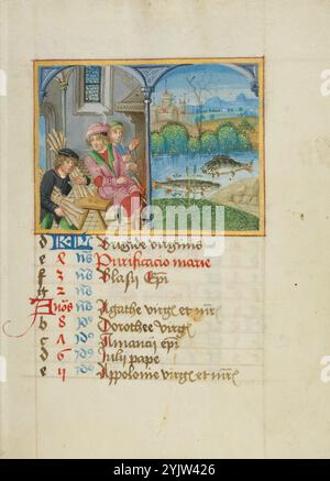 Februar-Kalenderseite: Warmhalten: Fische; Buch der Stunden, Anfang des 16. Jahrhunderts. Stockfoto