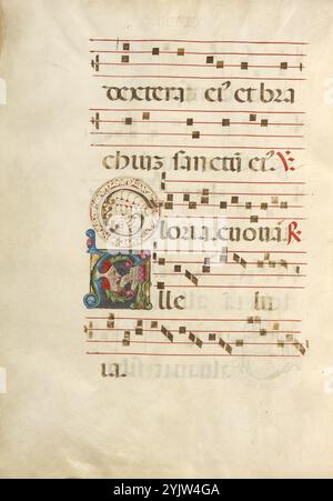 Initial A: A man singt; graduell, ca. 1460-1480. Zusätzliche Info: Ein Mann im Profil singt aus einem offenen Buch, das einen Gesang und eine Notation auf roten Notenblättern enthält. Der Illuminator evozierte den Klang der Stimme des Sängers durch feine goldene Weinstöcke, die aus seinem offenen Mund auftauchen. Obwohl dieses Manuskript eher von einem Chor als von einem Individuum verwendet worden wäre, wie das Bild im ersten Bild vermuten lässt, vermittelt die Szene den Zweck des Buches als Musikquelle für hingebungsvollen Gesang. Stockfoto