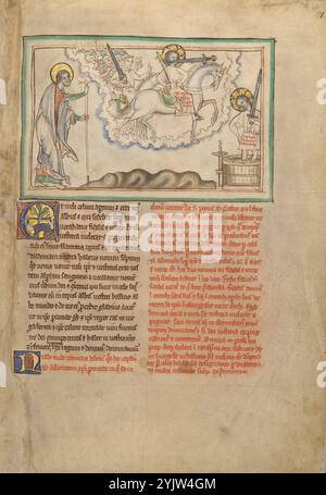 Der Reiter Treue und True und die Heeresarmee auf den weißen Pferden und der Reiter in der Weinpresse; Dyson Perrins Apocalypse, um 1255–1260. Zusätzliche Informationen: In dieser Vision sieht der Heilige Johannes den Himmel offen und enthüllt ein weißes Pferd, das den Sieg symbolisiert. Sein Reiter, genannt „treu und wahr“, wird gewöhnlich als Christus verstanden. Ihm folgen die Heere des Himmels, alle reiten weiße Pferde. Das zweischneidige Schwert, das aus dem Mund des ersten Reiters kommt, ist das Wort Gottes, Christi einzige Waffe. Der Reiter taucht ein zweites Mal unten auf und tritt „die Winepresse der Wilden Stockfoto