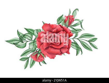 Rote Rosenblüten und wilde tropische Blätter Aquarellillustration. Sommergarten blüht tief rubinrote Rosen mit Knospen, Eukalyptus. Blumenzusammensetzung Stockfoto