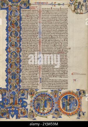 Initial I: Szenen der Schöpfung der Welt und des Lebens Christi; Abteibibel, um 1250–1262. Zusätzliche Info: Eine hoch aufragende Initiale eröffne ich das Buch Genesis und verkünde: "Am Anfang schuf Gott die Himmel und die Erde." Diese beiden Seiten dienen als dramatischer Anfang für die heiligen Schriften. In den vertikalen Balken des Buchstaben I in der Mitte der beiden Seiten eingebettete Rundungen beschreiben die Geschichte der Schöpfung und kreuzen sich mit Szenen aus dem Leben Christi, die sich über den unteren Rand erstrecken. Diese enge visuelle Verbindung zwischen dem Alten und dem Neuen Testament unterstreicht Christi r Stockfoto