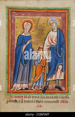 Christus führte Maria und Josef nach Jerusalem; illustrierte Vita Christi, mit hingebungsvollen Ergänzungen, um 1190–1200; Text um 1480–1490 hinzugefügt. Zusätzliche Info: In dieser berührenden Szene führt Joseph den winzigen Christus am Handgelenk, während Maria in einer zärtlichen Darstellung mütterlicher Führung eine Hand auf seine Schulter legt. Diese Beleuchtung zeigt ein selten illustriertes Ereignis im Leben Christi. Nach den Evangelien begleitete der zwölfjährige Jesus Maria und Josef nach Jerusalem, um das Pascha zu feiern. Der lateinische Text am Ende der Seite beginnt mit „Ave Maria“ („Hail Stockfoto