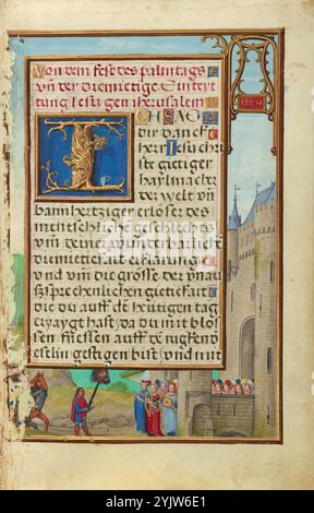 Grenze mit Davids Rückkehr mit Goliaths Kopf; Gebetsbuch von Kardinal Albrecht von Brandenburg, um 1525–1530. Zusätzliche Informationen: Als der junge David zurückkehrt, der in der Schlacht siegreich ist und das Haupt von Goliath trägt, tauchen wunderschön gekleidete Frauen aus einer beeindruckenden Burg auf, die Musikinstrumente spielen, um ihn zu begrüßen. Mittelalterliche Christen sahen diese Episode, die den Triumph der Israeliten über die Philister markierte, als eine alttestamentliche Präfiguration der Einreise Christi in Jerusalem, die auf der Vorderseite dargestellt wurde. Stockfoto