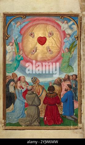 Die Anbetung der fünf Wunden; Gebetsbuch von Kardinal Albrecht von Brandenburg, um 1525–1530. Zusätzliche Info: Im Gegensatz zur unmittelbar vorangehenden Miniatur der Passion, die im Ton traurig war, endet diese Beleuchtung Albrecht von Brandenburgs Gebetsbuch mit einer hoffnungsvolleren Note und setzt die Passionsthemen fort, die den Großteil der Handschrift durchlaufen. Eine Gruppe von anbetenden Engeln und eine Menge von Menschen, die verschiedene Klassen vertreten - Könige, Geistliche, Aristokraten und Mönche - betrachten die außergewöhnliche Vision der fünf Wunden Christi inmitten von leuchtendem Rosa und g Stockfoto