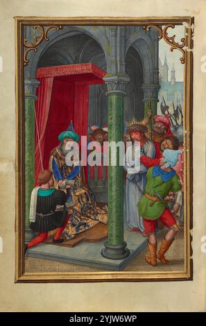 Pilatus wascht seine Hände; Gebetsbuch von Kardinal Albrecht von Brandenburg, um 1525–1530. Weitere Informationen: Wie in vielen der Urteilsszenen in diesem Buch, kommt Christus mit gefesselten Handgelenken vor seinen Ankläger, umgeben von einer grausamen und hässlichen Gruppe von Peiniger. Nach dem Evangelium fand Pilatus Christus unschuldig, wollte ihn aber nicht freilassen, weil die Juden ihn hingerichtet haben wollten. Er verbeugte sich den Forderungen der Menge und beschloss, den Brauch zu befolgen und einen Gefangenen am Pessach freizulassen. Als sie die Juden fragten, ob sie Christus oder den Räuber Barabbas befreien wollten, riefen sie nach Barabba Stockfoto