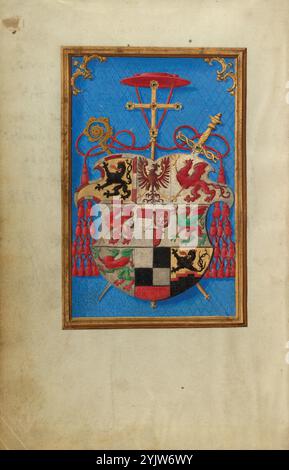 Blazon von Kardinal Albrecht von Brandenburg; Gebetsbuch von Kardinal Albrecht von Brandenburg, um 1525–1530. Zusatzinfo: Dieses Wappen stellt die verschiedenen Aspekte von Kardinal Albrecht von Brandenburg dar, der nicht nur eine mächtige politische und kirchliche Figur ist, sondern auch einer der anspruchsvollsten Schutzherren der flämischen Kunst der 1500er Jahre Ein roter Kardinalhut, dessen Seile sich zu Knoten mit kalligraphischem Aufblühen schlängeln, sitzt auf einem Kruzifix. Kreuz, kreuz und Schwert beziehen sich auf die heiligen und weltlichen Pflichten des Kardinals, einschließlich seiner Rollen als Kurfürst und Erzbischof von Mainz und Magde Stockfoto