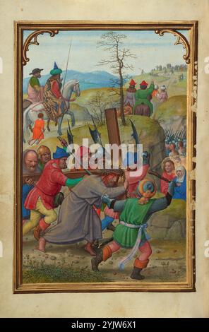 Der Weg nach Calvary; Gebetsbuch von Kardinal Albrecht von Brandenburg, um 1525–1530. Zusätzliche Informationen: Während seine brutalen Gefangenen ihn in einem unmenschlichen Tempo ziehen und heranstoßen, taucht Christus unter dem Gewicht seines eigenen Kreuzes. Trotz seiner Bemühungen, Calvary, den Ort seiner Kreuzigung zu erreichen, zwingen ihn seine gnadenlosen Peiniger, sich immer schneller zu bewegen und ihre Waffen zu erheben, wenn er auch nur einen Moment zögern sollte. Die Brutalität der bewaffneten Männer steht im Gegensatz zur Sorge der Familie und Freunde Christi. In einer Schlucht rechts führen die Jungfrau und der Heilige Johannes eine Gruppe von Beilagen Stockfoto