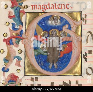 Initial G: Die Himmelfahrt der Heiligen Maria Magdalena, um 1392–1402. Details von einer Musikseite. Stockfoto