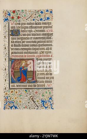 Initial V: Heilige Apollonia mit Buch und Zunge; Llangattock Stunden, 1450er Jahre Zusatzinfo: Dieses fein illustrierte Stundenbuch hat seinen Namen vom Baron Llangattock, dem das Buch in den 1900er Jahren gehörte Das Manuskript ist von besonderem Interesse, da einige seiner Miniaturen eng mit Kompositionen des gefeierten Tafelmalers Jan van Eyck verwandt sind. Der Einfluss von van Eycks Stil ist am deutlichsten in den vierzehn ganzseitigen Miniaturen zu erkennen. Eine ganzseitige Miniatur öffnet jeden der wichtigsten Texte des Buches, mit acht den Stunden der Jungfrau gewidmet, der wichtigsten Sektion Stockfoto