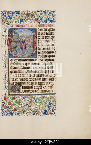 Initial O: Der heilige Christoph trägt das Christkind; Llangattock Stunden, 1450er Jahre Zusatzinfo: Dieses fein illustrierte Stundenbuch hat seinen Namen vom Baron Llangattock, dem das Buch in den 1900er Jahren gehörte Das Manuskript ist von besonderem Interesse, da einige seiner Miniaturen eng mit Kompositionen des gefeierten Tafelmalers Jan van Eyck verwandt sind. Der Einfluss von van Eycks Stil ist am deutlichsten in den vierzehn ganzseitigen Miniaturen zu erkennen. Eine ganzseitige Miniatur öffnet jeden der wichtigsten Texte des Buches, wobei acht den Stunden der Jungfrau gewidmet sind, dem wichtigsten Stockfoto