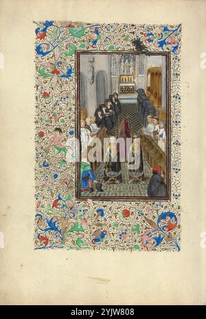 Büro der Toten; Llangattock Stunden, 1450er Jahre Zusatzinfo: Dieses fein illustrierte Stundenbuch hat seinen Namen vom Baron Llangattock, dem das Buch in den 1900er Jahren gehörte Das Manuskript ist von besonderem Interesse, da einige seiner Miniaturen eng mit Kompositionen des gefeierten Tafelmalers Jan van Eyck verwandt sind. Der Einfluss von van Eycks Stil ist am deutlichsten in den vierzehn ganzseitigen Miniaturen zu erkennen. Eine ganzseitige Miniatur öffnet jeden der wichtigsten Texte des Buches, wobei acht den Stunden der Jungfrau gewidmet sind, dem wichtigsten Abschnitt eines Stundenbuches. Die Stockfoto
