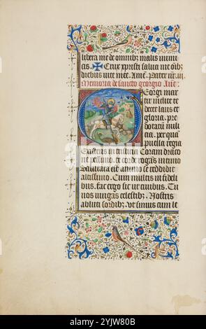 Initial G: St. George und der Drache; Llangattock Stunden, 1450er Jahre Zusatzinfo: Dieses fein illustrierte Stundenbuch hat seinen Namen vom Baron Llangattock, dem das Buch in den 1900er Jahren gehörte Das Manuskript ist von besonderem Interesse, da einige seiner Miniaturen eng mit Kompositionen des gefeierten Tafelmalers Jan van Eyck verwandt sind. Der Einfluss von van Eycks Stil ist am deutlichsten in den vierzehn ganzseitigen Miniaturen zu erkennen. Eine ganzseitige Miniatur öffnet jeden der wichtigsten Texte des Buches, wobei acht den Stunden der Jungfrau gewidmet sind, dem wichtigsten Teil von A Stockfoto