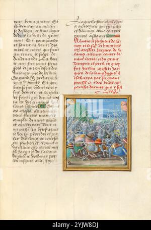 Die Schlacht bei Lokeren; Livre des faits de Jacques de Lalaing um 1530. Szene aus dem Buch der Taten von Messire Jacques de Lalaing. Lalaing (1421–1453), der vielleicht berühmteste Ritter des Burgunds im 15. Jahrhundert, war angeblich einer der besten mittelalterlichen Turnierkämpfer aller Zeiten. Stockfoto