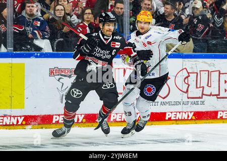 Deutschland. November 2024. Eishockey Penny-DEL 16.Spieltag Koelner Haie - Pinguins Bremerhaven am 15.11.2024 in der Lanxess Arena in Köln Moritz Müller ( Köln ), links - Max Goertz ( Bremerhaven ), rechts Gemaess den Vorgaben der DEL Deutsche Eishockey Liga ist die Publikation und Weiterverwertung der Aufnahmen in elektronischen Medien und Endgeraeten aller Art waehrend des laufenden Spiele zulaessig. Foto: Revierfoto Credit: ddp Media GmbH/Alamy Live News Stockfoto