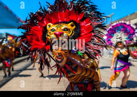 Ein Kolumbianer, der eine Tigermaske trägt, tritt während der Batalla de Flores auf, der großen Parade des Karnevals in Barranquilla, Kolumbien. Stockfoto