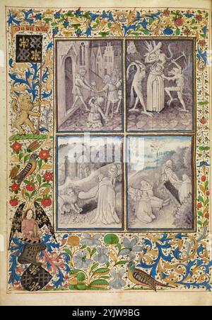 Anton, der Paulus in der Wüste begräbt: Der Tod und das Begräbnis des Heiligen Antonius; Invention et Translation du Corps de Saint Antoine, um 1465–1470. Weitere Informationen: „Die Entdeckung und Übersetzung des Leibes des Heiligen Antonius“ erzählt die bemerkenswerte Lebensgeschichte des Abtes des Heiligen Antonius, gefolgt von einer Darstellung der Wunder, die mit seinen Reliquien nach seinem Tod verbunden sind, beide auf Französisch (Invention et Translation du Corps de Saint Antoine). Eine ganzseitige Miniatur, die in vier Szenen unterteilt ist, ist jeder Hälfte der Erzählung n gewidmet Stockfoto