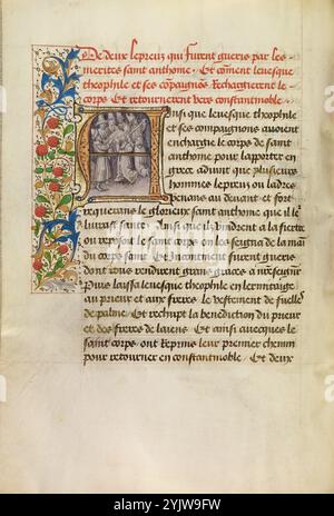 Initial A: Der Leichnam des Heiligen Antonius nach Konstantinopel transportiert und die Heilung zweier Aussätziger nach dem Berühren des Leichnams des Heiligen; Invention et Translation du Corps de Saint Antoine, um 1465–1470. Weitere Informationen: „Die Entdeckung und Übersetzung des Leibes des Heiligen Antonius“ erzählt die bemerkenswerte Lebensgeschichte des Abtes des Heiligen Antonius, gefolgt von einer Darstellung der Wunder, die mit seinen Reliquien nach seinem Tod verbunden sind, beide auf Französisch (Invention et Translation du Corps de Saint Antoine). Eine ganzseitige Miniatur, die in vier Szenen unterteilt ist, ist jeder Hälfte der Erzählung nahe dem Anfang der Th gewidmet Stockfoto