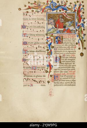 The Resurrection: Initial R: A Sleeping Soldier; Missale, zwischen 1389 und 1400. Weitere Informationen: Christus sieht himmlisch aus, während er aus seinem Sarkophag herausschreitet, während fünf römische Wachen - vier in der Miniatur und eine in der ersten R unten - schlafen. Die Szene stellt das Osterfest vor, das drei Tage nach seiner Beerdigung an den Aufstand Christi von den Toten erinnert. Die Wunden, die Christus bei der Kreuzigung erlitt, sind an Brust, Hand und Fuß sichtbar, und er trägt ein Banner, das die Auferstehung symbolisiert. Wir konzentrieren uns auf das Wesen der Erzählung, das Illumin Stockfoto