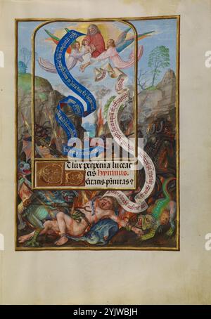 Lazarus’ Seele wurde zu Abraham getragen; Spinola Stunden, ca. 1510–1520. Zusätzliche Informationen: Diese Bilder vervollständigen die Geschichte des armen Bettlers Lazarus und des reichen Mannes Tauchen, die auf der vorherigen Seite begonnen wurde. Unterhalb des Textes erleidet Dives nach seinem Tod Qualen in Hades als Folge seines unbarmherzigen Lebensstils. Schreckliche Dämonen nähern sich, um ihm die Zähne und Klauen zu versenken, während er seine Augen hochhebt und die Seele Lazarus im Himmel zärtlich begrüßt sieht. Dives ruft und bittet um Gnade in den Worten, die rot auf einer weißen Schriftrolle aufgezeichnet sind. Die Antwort, die in Gold auf einer blauen Schriftrolle geschrieben ist, lautet: Stockfoto