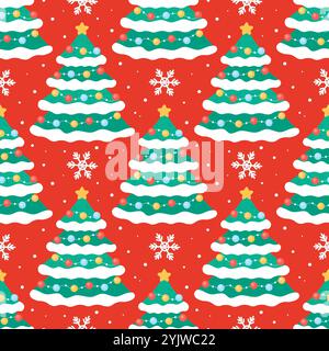 Niedliche Weihnachtsbäume Muster nahtlose Vektorillustration. Farbenfrohe festliche Weihnachten und Winter Hintergrund mit Schneeflocken, einfachen Feiertagselementen, Ornam Stock Vektor