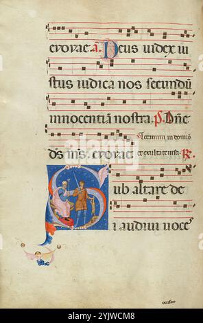 Initial S: Das Massaker der Unschuldigen; Antiphonal, Ende des 13. Jahrhunderts. Weitere Informationen: Das Thema des historischen Initials S, das einen der Gesänge für das fest der Heiligen Unschuldigen begleitet, ist das Ereignis, das als das Massaker der Unschuldigen bekannt ist. Herodes, der König der Juden zur Zeit der Geburt Jesu, wurde eifersüchtig, als eine Prophezeiung voraussagte, dass ein in Bethlehem geborenes Kind ihn an sich reißen würde. In der Initiale sitzt Herodes links und gibt den Befehl zum Massaker an allen männlichen Kindern unter zwei Jahren. Auf der rechten Seite bereitet sich ein Soldat darauf vor, ein anderes hilfloses Opfer zu töten, scheinbar obl Stockfoto