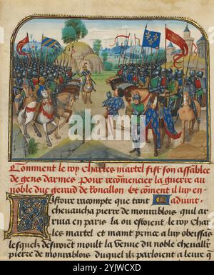 Die Armeen von Frankreich und Burgund mit Martel im Gebet; Histoire de Charles Martel, geschrieben 1463–1465; beleuchtet 1467–1472. Weitere Informationen: Die politischen Konflikte von Herzog Philipp von Burgund, der dieses Manuskript in Auftrag gab, mit König Karl VII. Von Frankreich, ähnelten der Darstellung früherer französischer Kämpfe. In diesem Bild warten die Armeen des fränkischen Herrschers Charles Martel und seines rebellischen burgundischen Vasallen Girart de Roussillon mit angespannter Erwartung auf einen neuen Kampf. Die beiden Armeen stehen einander gegenüber, ihre Stärke wird durch das Meer von Helmen angezeigt, das sich hineinerstreckt Stockfoto