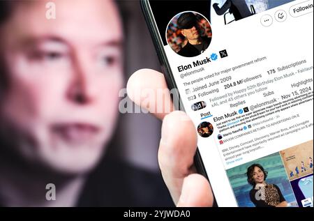 Ukraine. Poltava. November 2024 . Elon Musk profilt Twitter auf einem Smartphone-Bildschirm. Neuer Tweet mit Text. Stockfoto