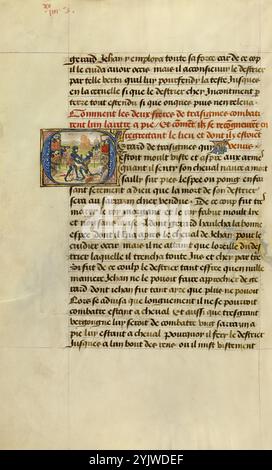 Initial G: Gillons Söhne erkennen einander; Roman de Gillion de Trazegnies, 1464. Zusatzinfo: Diese Handschrift folgt den abenteuerlichen und romantischen Taten des mittelalterlichen Adligen Gillion de Trazegnies, der auf Pilgerreise nach Ägypten reist, irrtümlich zum Bigamisten wird und im Kampf als glorreicher Held stirbt. Neben detaillierten Darstellungen europäischer Architektur und zeitgenössischer Kleidung gibt es auch fantasievolle Referenzen auf exotische östliche Reisen und Bräuche wie Kamele, blinkende Skimitare und Turbanfiguren. Die Geschichte umfasst treue Liebe, ruchlose Bösewichte, Familie loy Stockfoto