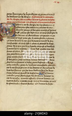 Initial Q: Gillion's Sons attackieren das Lager des Königs Bruyant; Roman de Gillion de Trazegnies, 1464. Zusatzinfo: Diese Handschrift folgt den abenteuerlichen und romantischen Taten des mittelalterlichen Adligen Gillion de Trazegnies, der auf Pilgerreise nach Ägypten reist, irrtümlich zum Bigamisten wird und im Kampf als glorreicher Held stirbt. Neben detaillierten Darstellungen europäischer Architektur und zeitgenössischer Kleidung gibt es auch fantasievolle Referenzen auf exotische östliche Reisen und Bräuche wie Kamele, blinkende Skimitare und Turbanfiguren. Die Geschichte beinhaltet treue Liebe, ruchlose V Stockfoto