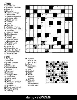 Kreuzworträtsel-Spiel mit 12 x 12 Quadraten mit Hinweisen und Lösung. Stock Vektor