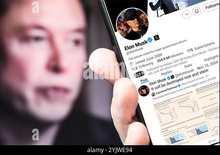 Ukraine. Poltava. November 2024 . Elon Musk profilt Twitter auf einem Smartphone-Bildschirm. Neuer Tweet mit Text. Stockfoto