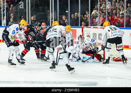 Deutschland. November 2024. Eishockey Penny-DEL 16.Spieltag Koelner Haie - Pinguins Bremerhaven am 15.11.2024 in der Lanxess Arena in Köln Kristers Gudlevskis ( Bremerhaven ), 2. Von rechts - Stand immer wieder im Brennpunkt Gemaess den Vorgaben der DEL Deutsche Eishockey Liga ist die Publikation und Weiterverwertung der Aufnahmen in elektronischen Medien und Endgeraeten aller Art waehrend des laufenden Spiels nicht zulaessig. Foto: Revierfoto Credit: ddp Media GmbH/Alamy Live News Stockfoto