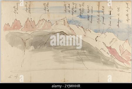 Die Mont Blanc-Reihe von Chamonix (Recto): Skizzen des Mont Blanc reichen vom Tapia oberhalb von Chamonix, von Genf aus gesehen und von der Dole (verso) aus gesehen, 1843. Weitere Informationen: Ruskin fertigte diese Skizze aus Erinnerung im Frühjahr 1843 für seinen Künstlerfreund George Richmond (1809–1896) an, um die beste Route durch die Schweiz nach Italien zu skizzieren. Er schloss sie mit einem achtseitigen Brief ein, in dem er die vorteilhaftesten Aussichtspunkte und die besten Zugänge zu den Bergen beschreibt. Richmond unternahm seine Reise im September 1843 und schrieb an seine Frau: „Ich denke, dass die letzten vier Tage am glücklichsten waren Stockfoto